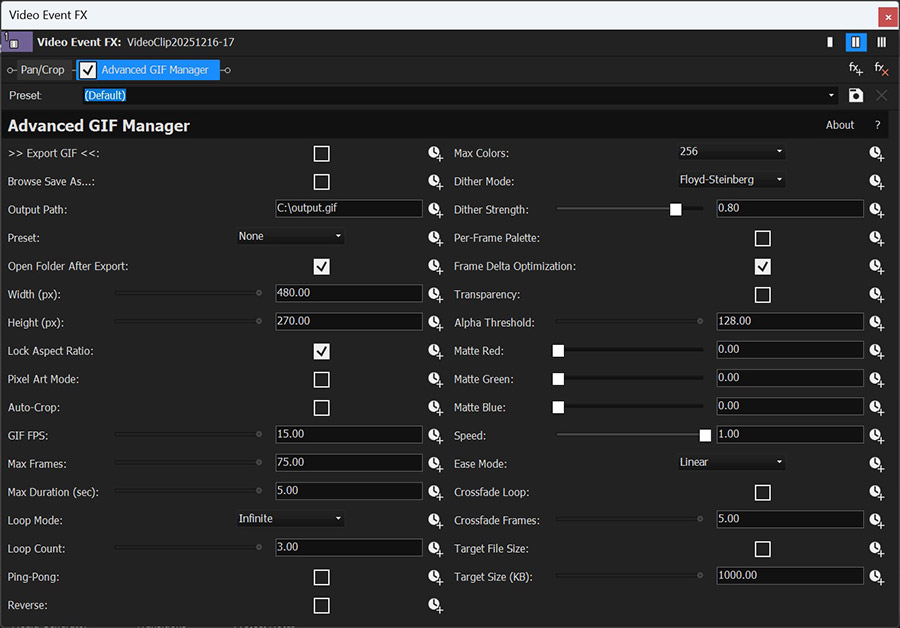 Advanced GIF Manager plugin interface in VEGAS Pro — parameter panel with Output, Size, Animation, Quality, Transparency, Speed, Crossfade and Target Size controls