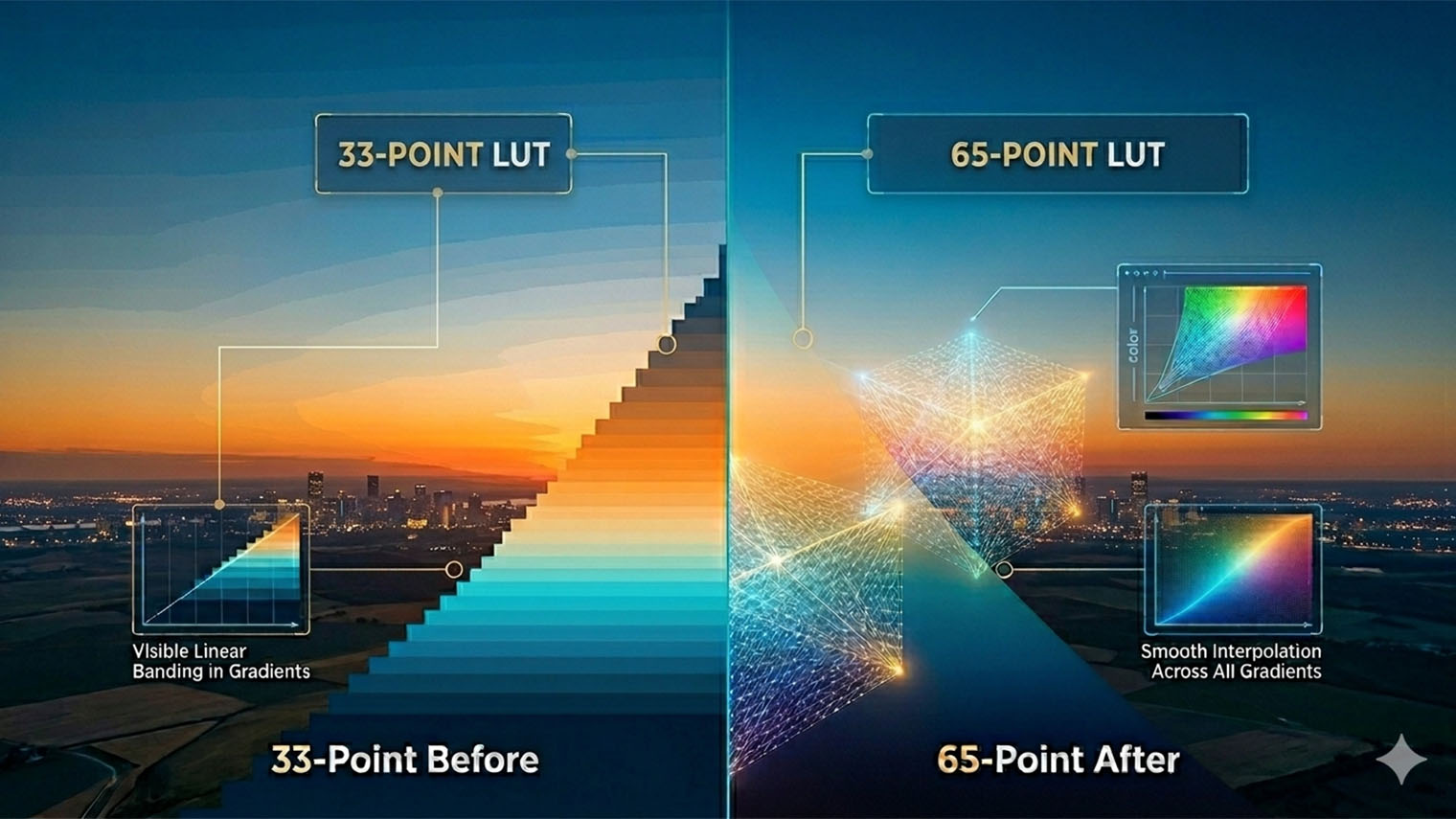 3D colour cube diagram illustrating how a LUT maps RGB input values to output values, with grid lines showing the 33-point and 65-point sampling density
