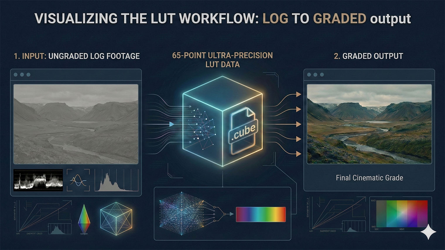 Log footage on the left, 3D LUT applied in the middle, fully graded output on the right