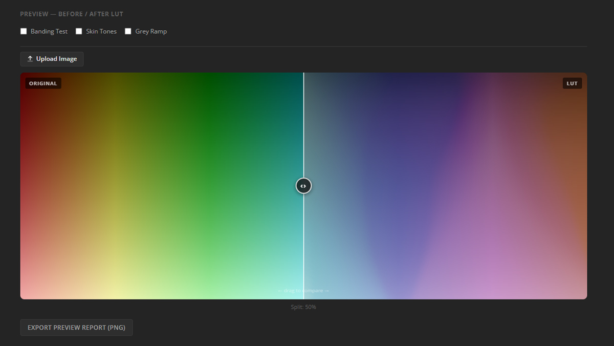 LUT Cube Analyzer - Preview tab showing draggable before/after split view with uploaded image
