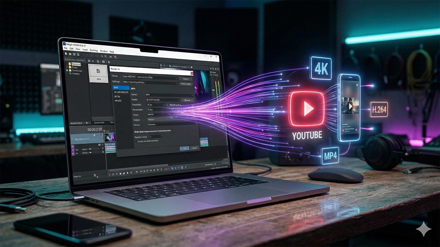 VEGAS Pro Render As dialog open with the format dropdown, codec selection, video bitrate and audio settings all visible