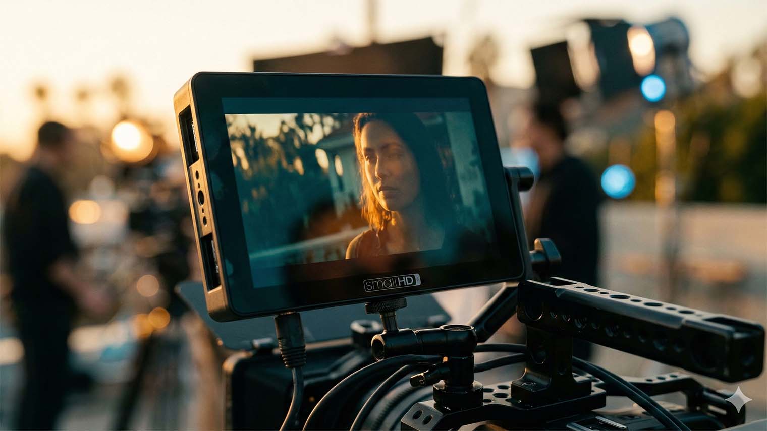 Camera operator reviewing footage on a field monitor with a color grade visible