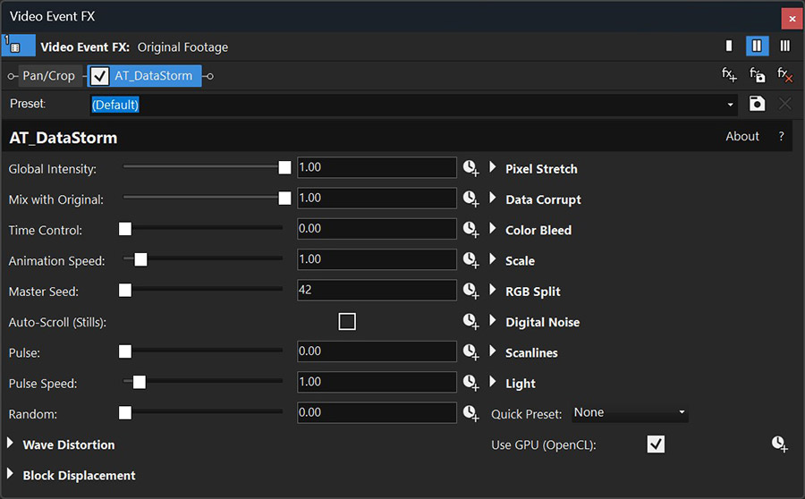 DataStorm full plugin interface with all 10 modules — VEGAS Pro FX panel