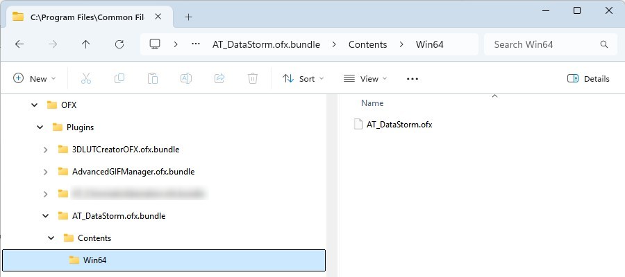AT_DataStorm.ofx.bundle folder structure in Windows Explorer — OFX Plugins directory