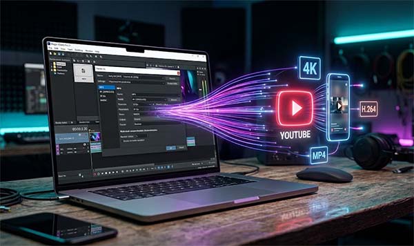VEGAS Pro Render As dialog showing export format and bitrate settings, with YouTube and social platform icons