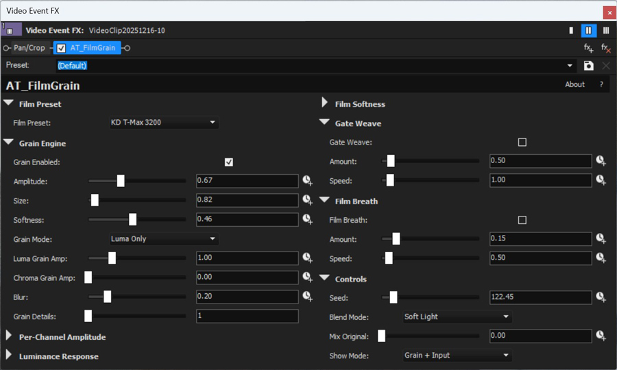 Film Grain plugin interface in Vegas Pro — parameter panel showing Film Preset selector, Grain controls, Luminance zones, Film Softness, Gate Weave and Film Breath modules