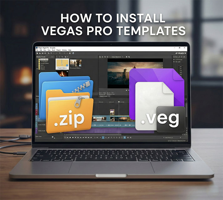 VEGAS Pro timeline open with a downloaded template loaded, showing motion graphics tracks and placeholder clips
