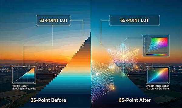 Two gradient swatches side by side — left shows visible banding from a 33-point LUT, right shows smooth continuous tones from a 65-point LUT