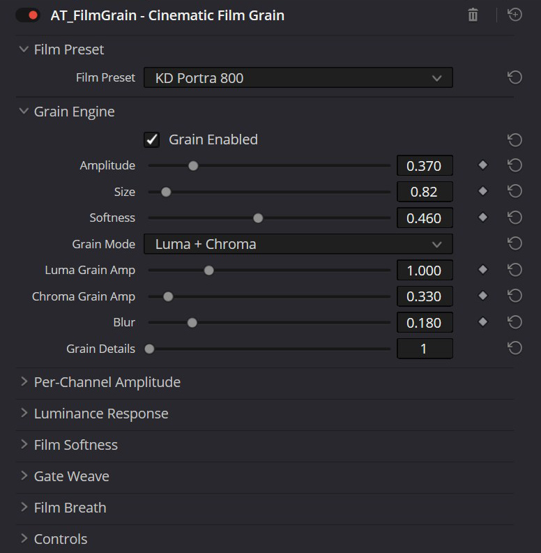 Film Grain OFX plugin loaded in DaVinci Resolve Studio 21 Color page - AlesTempleFX category, node graph, all 66 film profiles and 32 parameters visible