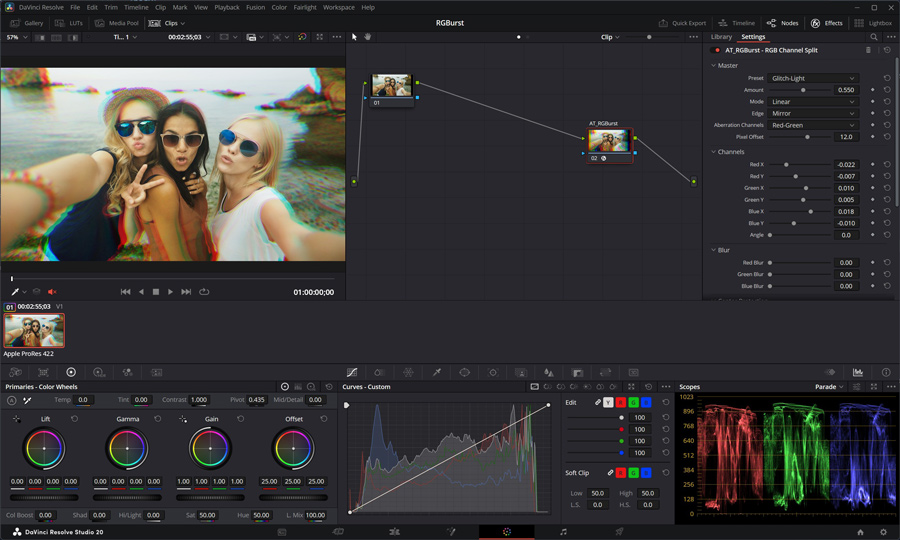 RGBurst OFX plugin in DaVinci Resolve Studio 20 Color page - node graph, AlesTempleFX category, all parameters visible