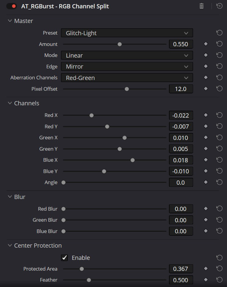 RGBurst OFX plugin interface in DaVinci Resolve Studio 20 - all parameters visible