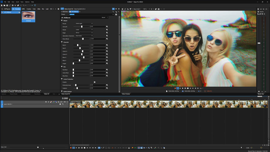 RGBurst plugin interface in Vegas Pro 2026 - parameter panel showing all controls