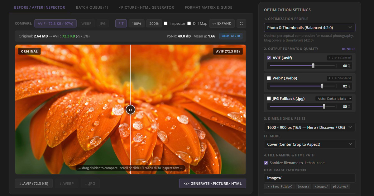 Web Image Optimizer — AVIF, WebP & JPG compression with 4:4:4 UI sharpness